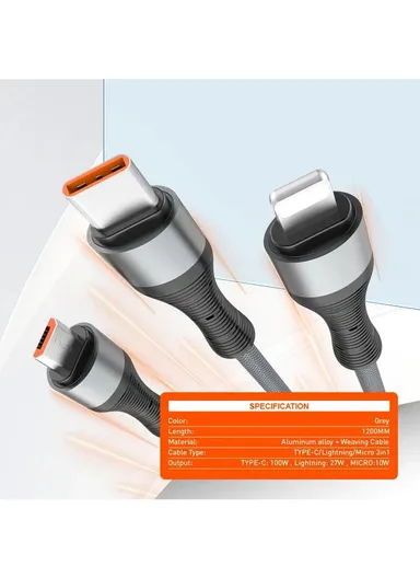 1.2M 100W 3in1 Fast Charging Data Cable Type-C to iP/Type-C/Micro USB LC94C