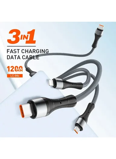 1.2M 100W 3in1 Fast Charging Data Cable Type-C to iP/Type-C/Micro USB LC94C