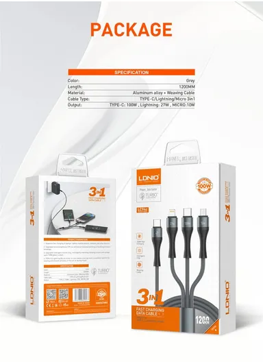 1.2M 100W 3in1 Fast Charging Data Cable Type-C to iP/Type-C/Micro USB LC94C