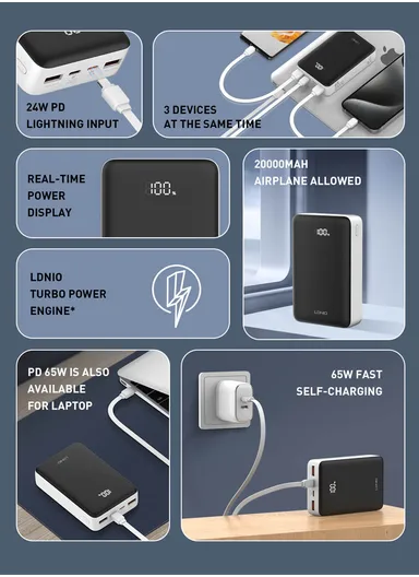 20000mAh 65W Portable Fast charging Power Bank USB-C USB-A Lightning PQ27