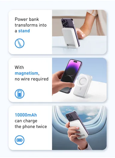 10000mAh Magnetic Wireless Mini Portable Charger Power Bank, With invisible Stand, Battery Pack Powerbank PQ16