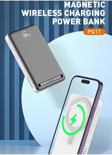 10000mAh Magnetic Wireless Mini Portable Charger Power Bank, with Invisible Stand &amp; LED Display, Battery Pack Powerbank PQ17
