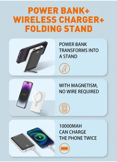 10000mAh Magnetic Wireless Mini Portable Charger Power Bank, with Invisible Stand &amp; LED Display, Battery Pack Powerbank PQ17