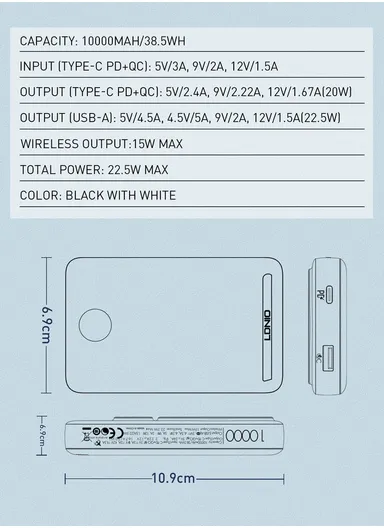 10000mAh Magnetic Wireless Mini Portable Charger Power Bank, with Invisible Stand &amp; LED Display, Battery Pack Powerbank PQ17