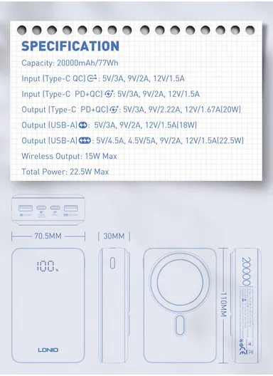 20000mAh Magnetic Wireless Mini Portable Charger Power Bank, with Invisible Stand &amp; LED Display, Battery Pack Powerbank PQ18
