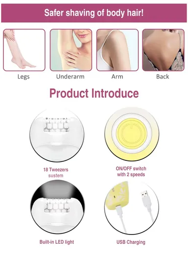 Lady Epilator with 18 Tweezers, 2-Speed Settings &amp; USB Charging V-738