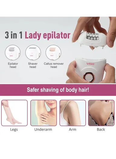 3-in-1 Rechargeable Lady Epilator with Shaver, Callus Remover &amp; 2-Speed Settings V-739