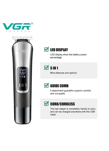 Professional Rechargeable Cordless Hair Clipper with Stainless Steel Blades &amp; LED Display V-111 – Dark Grey