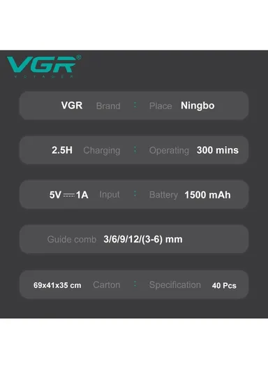 Professional Rechargeable Cordless Hair Clipper with Stainless Steel Blades &amp; LED Display V-111 – Dark Grey