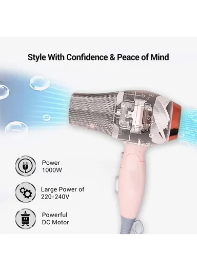 1000W Foldable Hair Dryer with 2 Speed Settings &amp; Tourmaline-Ionization Technology V-432