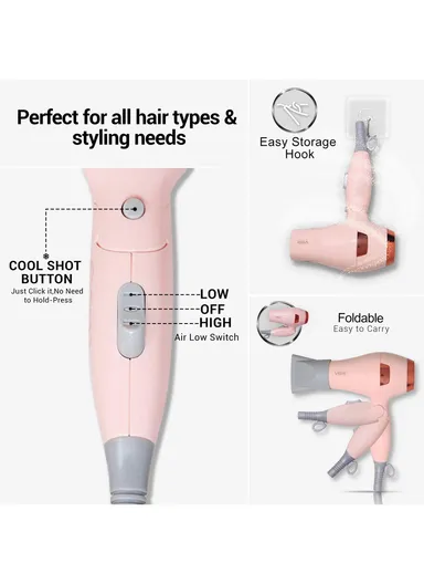 1000W Foldable Hair Dryer with 2 Speed Settings &amp; Tourmaline-Ionization Technology V-432