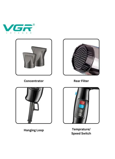 2000-2400W Professional Hair Dryer with 3 Heat, 2 Speed Settings &amp; Nozzle Attachments V-466