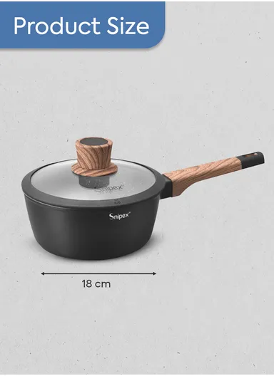 18cm Marble Coating Saucepan With Glass Lid &amp; Wooden Handle - Black &amp; Grey