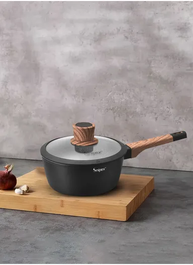 18cm Marble Coating Saucepan With Glass Lid &amp; Wooden Handle - Black &amp; Grey