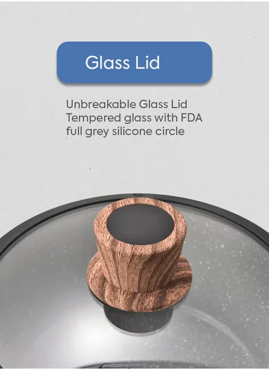 20cm Marble Coating Casserole With Glass Lid &amp; Wooden Handle - Black &amp; Grey