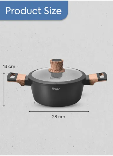 28cm Marble Coating Casserole With Glass Lid &amp; Wooden Handle - Black &amp; Grey