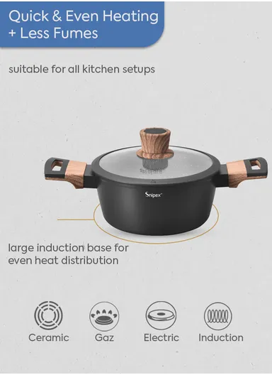 28cm Marble Coating Casserole With Glass Lid &amp; Wooden Handle - Black &amp; Grey