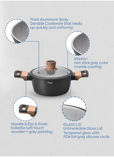 28cm Marble Coating Casserole With Glass Lid &amp; Wooden Handle - Black &amp; Grey