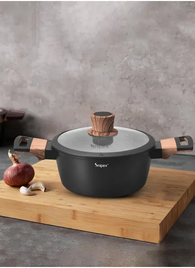 28cm Marble Coating Casserole With Glass Lid &amp; Wooden Handle - Black &amp; Grey