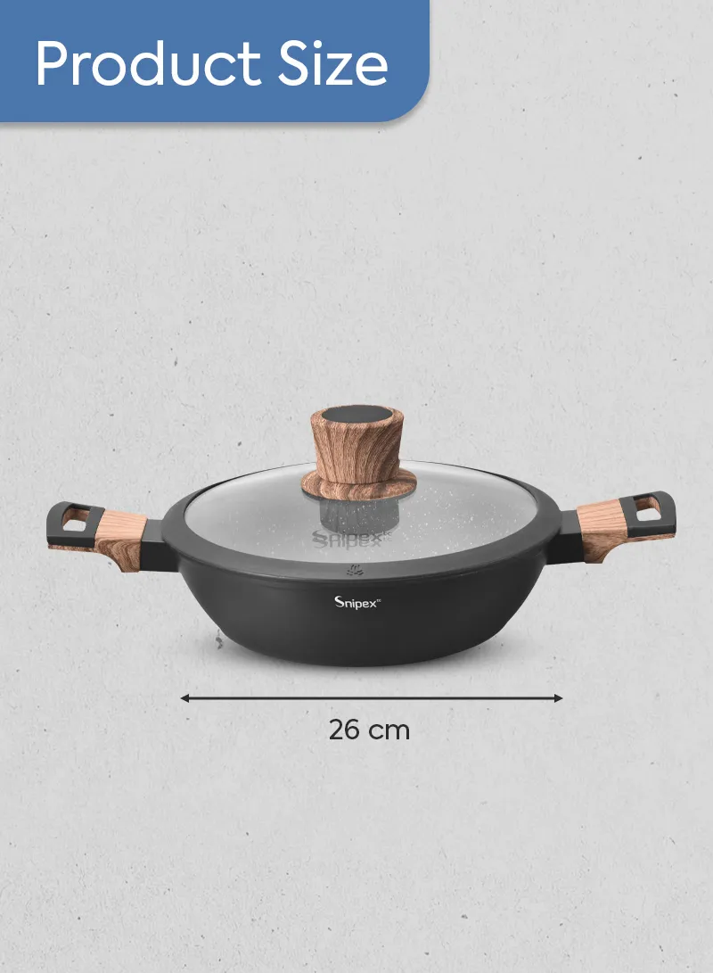 26cm Marble Coating Shallow Casserole With Glass Lid &amp; Wooden Handle - Black &amp; Grey