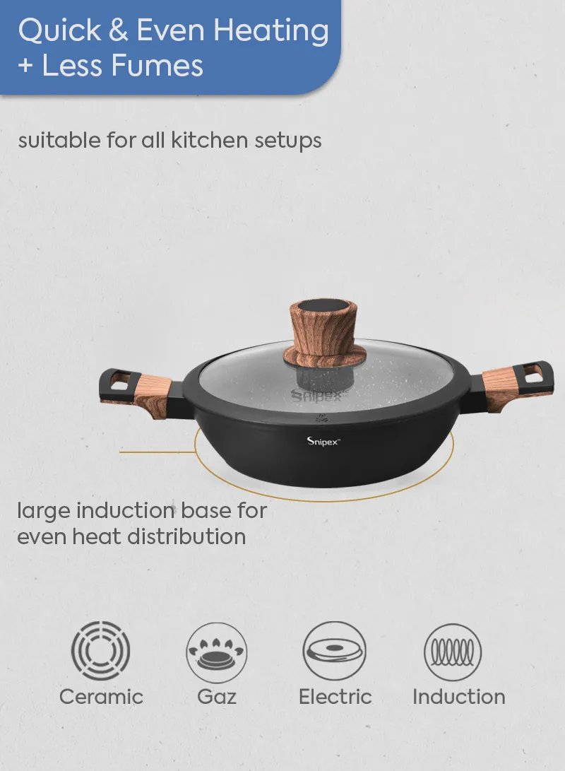 26cm Marble Coating Shallow Casserole With Glass Lid &amp; Wooden Handle - Black &amp; Grey