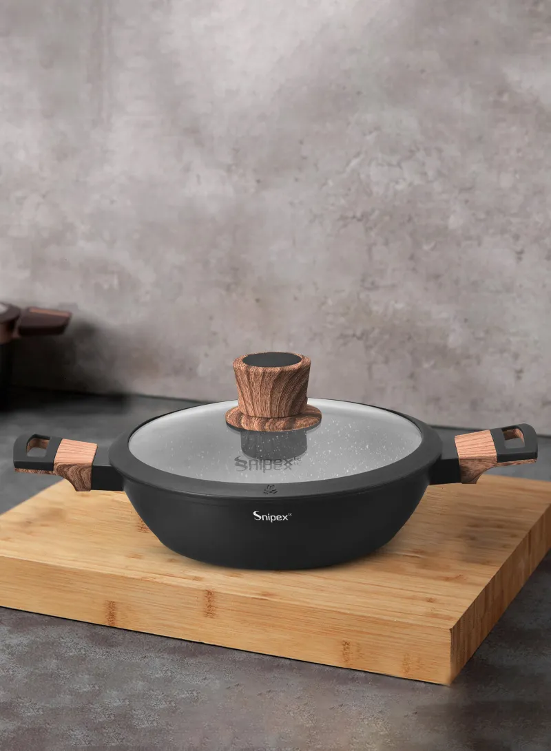 26cm Marble Coating Shallow Casserole With Glass Lid &amp; Wooden Handle - Black &amp; Grey