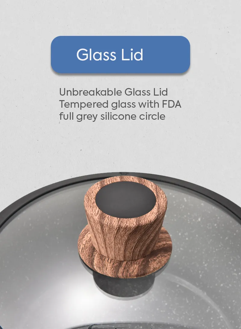 26cm Marble Coating Shallow Casserole With Glass Lid &amp; Wooden Handle - Black &amp; Grey