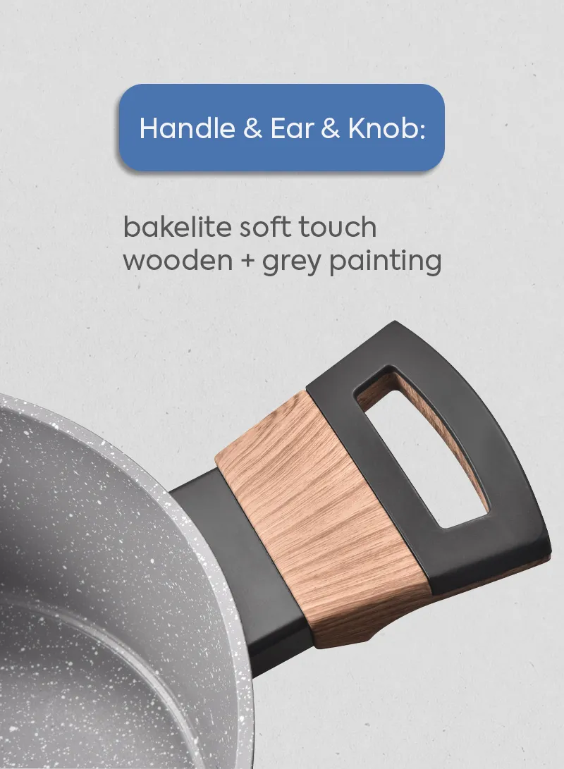 26cm Marble Coating Shallow Casserole With Glass Lid &amp; Wooden Handle - Black &amp; Grey