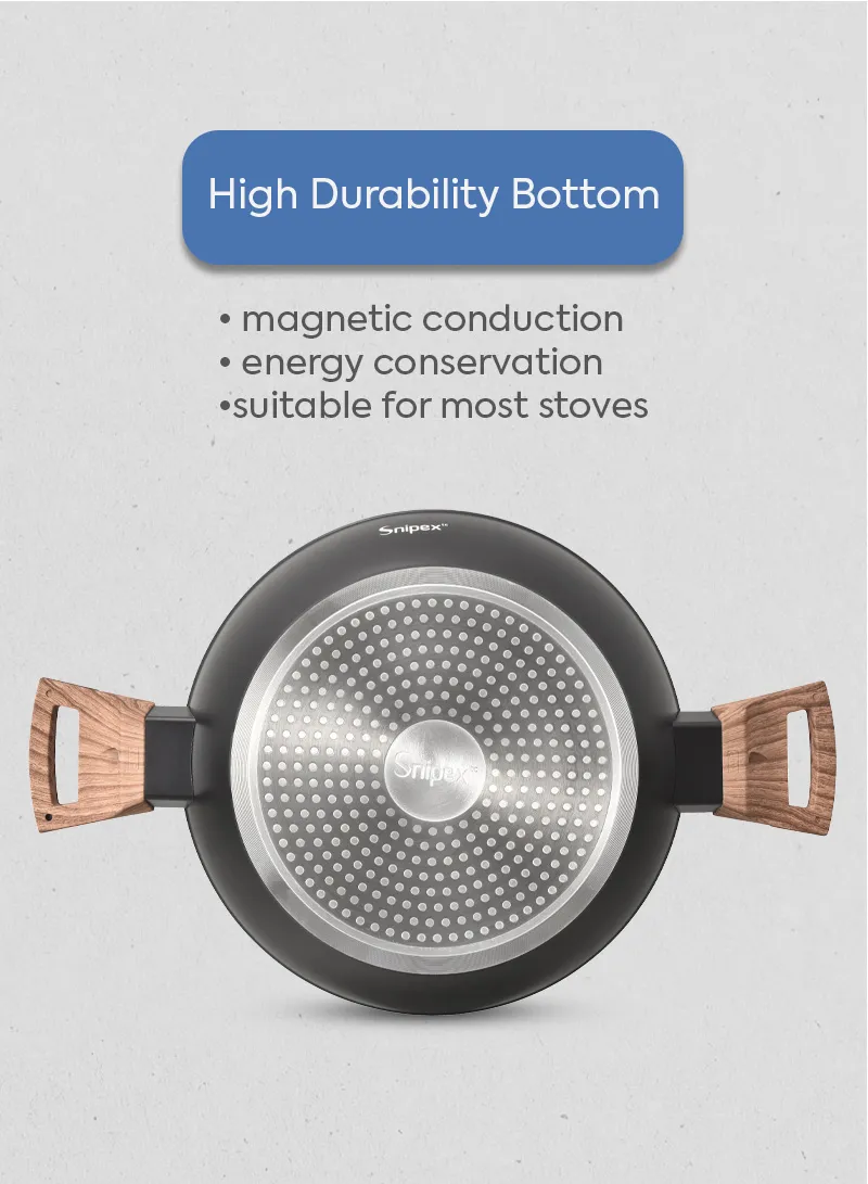 26cm Marble Coating Shallow Casserole With Glass Lid &amp; Wooden Handle - Black &amp; Grey