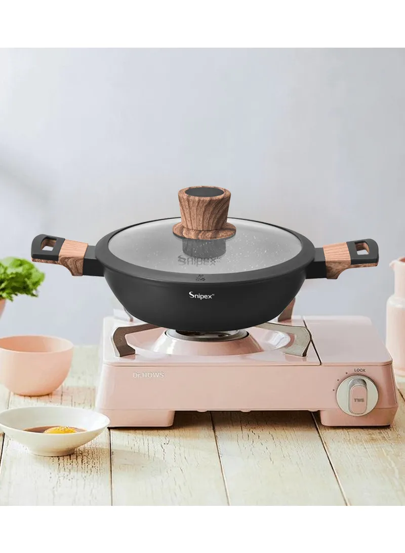 26cm Marble Coating Shallow Casserole With Glass Lid &amp; Wooden Handle - Black &amp; Grey