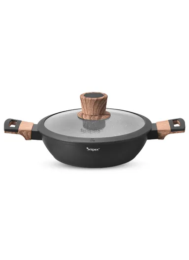 26cm Marble Coating Shallow Casserole With Glass Lid &amp; Wooden Handle - Black &amp; Grey