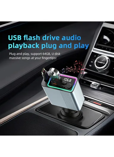 Bluetooth-compatible Car Charger FM Transmitter Fast Charging Adapter with Built-In PD 30W Extendable Type-C Cable C77 (L16 x W5.1)cm