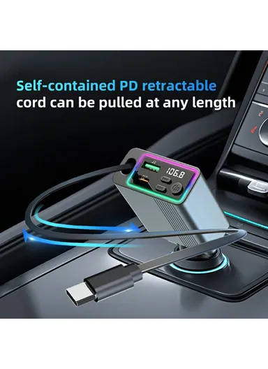 Bluetooth-compatible Car Charger FM Transmitter Fast Charging Adapter with Built-In PD 30W Extendable Type-C Cable C77 (L16 x W5.1)cm