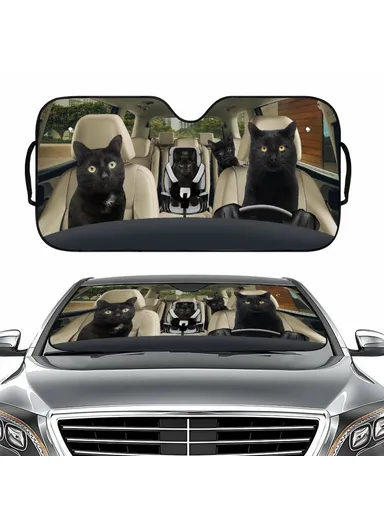 Universal Front Window Sunshield, Car UV Protection Windshield Sun Shade (L137 x W70)cm - Black Cat