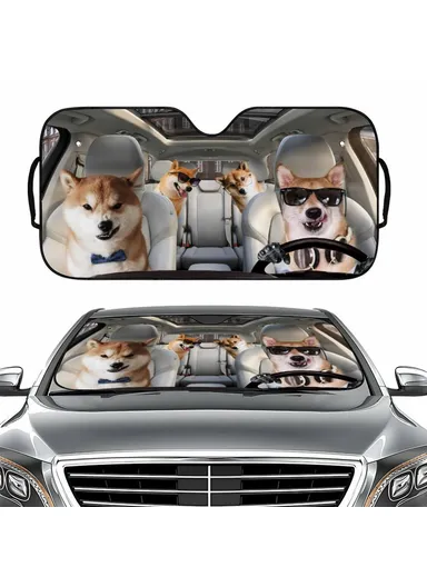 Universal Front Window Sunshield, Car UV Protection Windshield Sun Shade (L137 x W70)cm - Shiba Dog