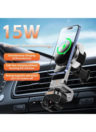 3 in 1 Car Air Vent Phone Holder Magnetic, Wireless Charger Phone Watch Earphone SD16 (L6.5 x W6.6 x H13.6)cm - Black