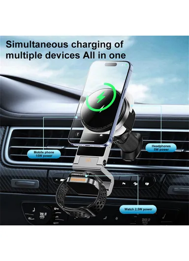 3 in 1 Car Air Vent Phone Holder Magnetic, Wireless Charger Phone Watch Earphone SD16 (L6.5 x W6.6 x H13.6)cm - Black