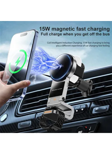 3 in 1 Car Air Vent Phone Holder Magnetic, Wireless Charger Phone Watch Earphone SD16 (L6.5 x W6.6 x H13.6)cm - Black