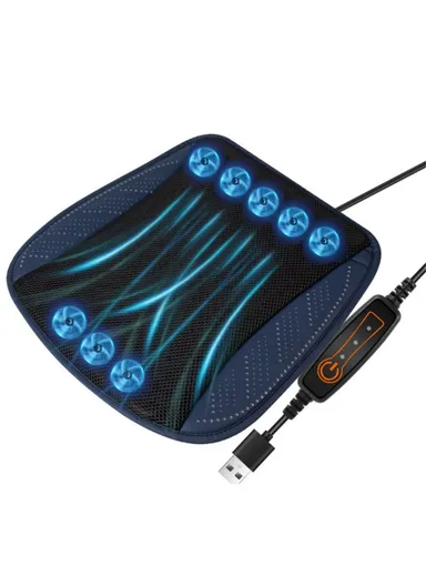 8-Fans Built-In USB Car Seat Summer Cooler Breathable Ice Silk Seat Cushion - Navy Blue