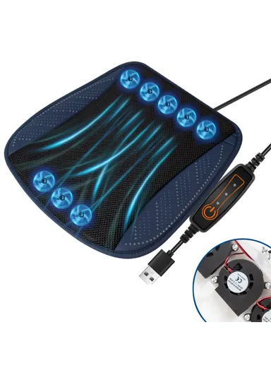 8-Fans Built-In USB Car Seat Summer Cooler Breathable Ice Silk Seat Cushion - Navy Blue