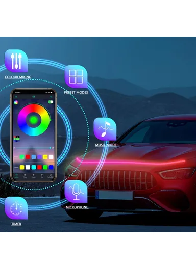 1.5m Universal Car LED Lights Exterior RGB Hood Light Strip, Multi-Use Waterproof Headlight Dynamic RGB Exterior Car Strip Lights G15