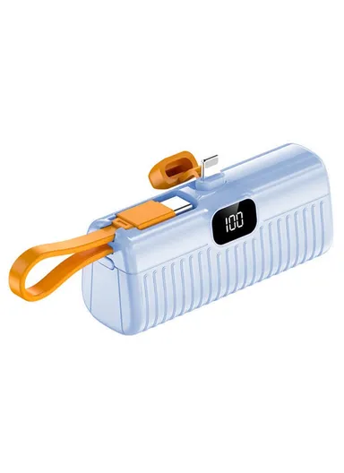 5000mAh Portable Mini Capsule Power Bank, 8-Pin Plug Built-in Type-C Cable Phone Charger HY-DX245 - Blue