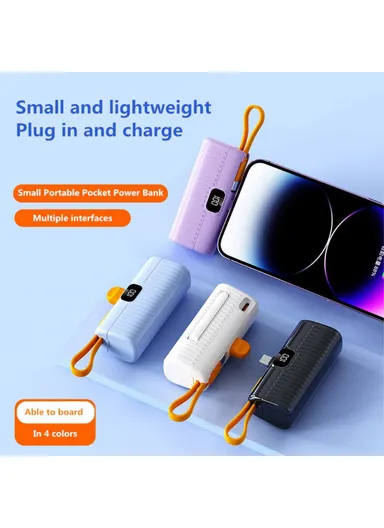 5000mAh Portable Mini Capsule Power Bank, 8-Pin Plug Built-in Type-C Cable Phone Charger HY-DX245 - Blue