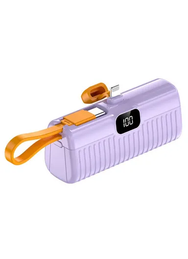 5000mAh Portable Mini Capsule Power Bank, 8-Pin Plug Built-in Type-C Cable Phone Charger HY-DX245 - Purple