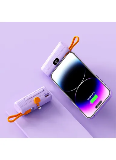 5000mAh Portable Mini Capsule Power Bank, 8-Pin Plug Built-in Type-C Cable Phone Charger HY-DX245 - Purple