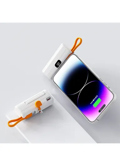 5000mAh Portable Mini Capsule Power Bank, 8-Pin Plug Built-in Type-C Cable Phone Charger HY-DX245 - White