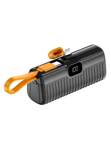 5000mAh Portable Mini Capsule Power Bank, 8-Pin Plug Built-in Type-C Cable Phone Charger HY-DX245 - Black