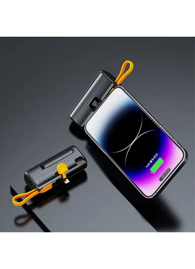 5000mAh Portable Mini Capsule Power Bank, 8-Pin Plug Built-in Type-C Cable Phone Charger HY-DX245 - Black