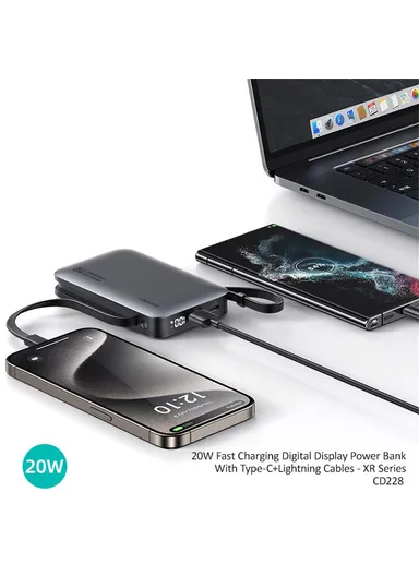 10000mAh 20W Portable Dual Cabled Fast Charging Power Bank, Multi-Use Bank Phone Charger CD228- Silver
