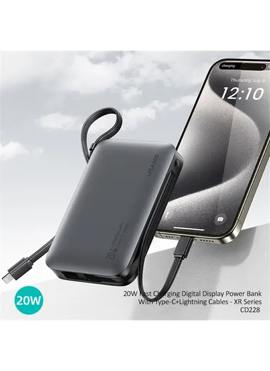 10000mAh 20W Portable Dual Cabled Fast Charging Power Bank, Multi-Use Bank Phone Charger CD228- Silver